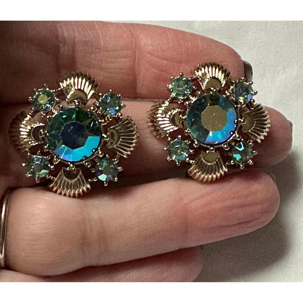Coro Clip on Earrings Gold Tone & Blue AB Rhinestones Maltese Cross